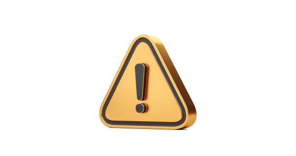 Gold exclamation mark symbol and attention or caution sign icon isolated on alert danger problem white background with warning graphic flat design concept. 3D rendering. stock photo