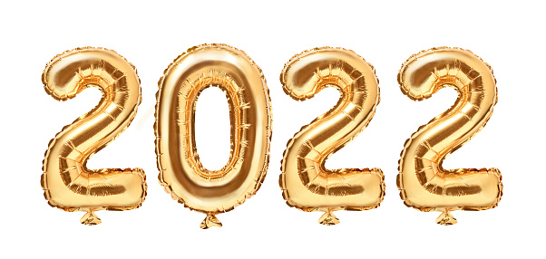 Gold foil balloons numeral 2022. Happy new year 2022 holiday. 2022 golden decoration holiday on white background