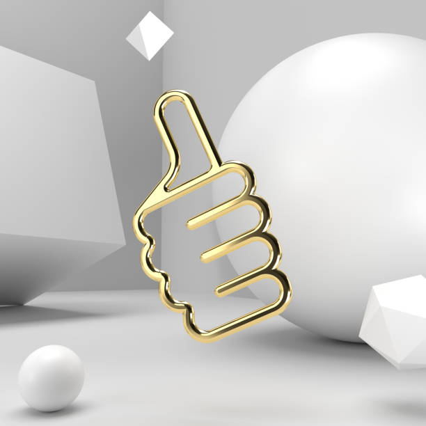 Gold material thumb symbol in white geometric space with clipping path stock photo