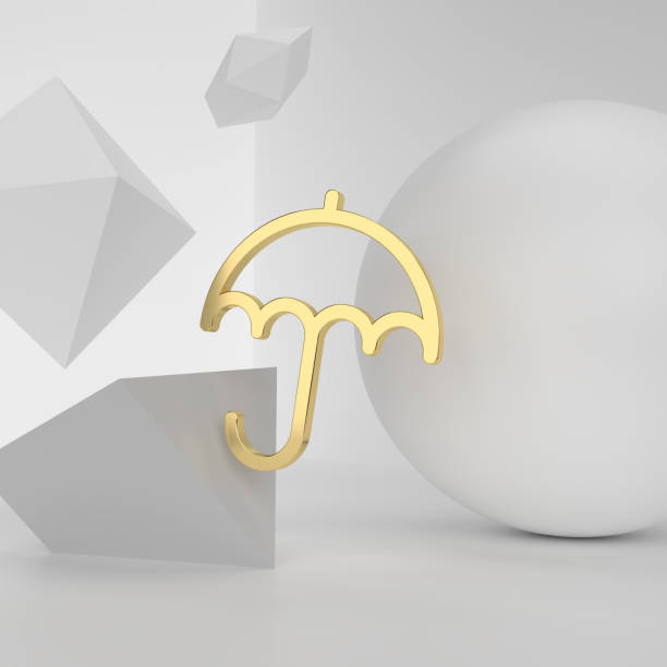 Gold material umbrella symbol in white geometric space with clipping path stock photo