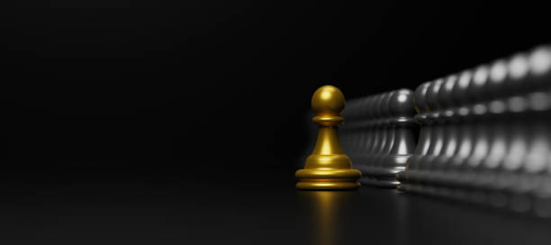 Gold pawn of chess. Unique, Think different, Individual and standing out from the crowd concept. Panoramic image. 3d illustration stock photo