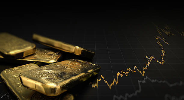 Gold Price, Commodities Investment 3D illustration of gold ingots over black background with a chart. Financial concept, horizontal image. gold bar stock pictures, royalty-free photos & images