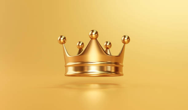 Gold royal king crown on golden background with emperor treasure. 3D rendering. stock photo