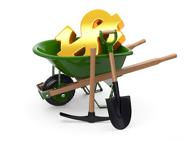 Gold Rush Three dimensional model of wheelbarrow loaded with golden dollar sign spade and pickaxe. Isolated on white. rich strike stock pictures, royalty-free photos & images