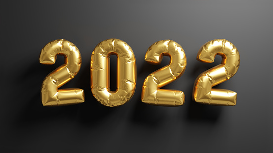 2022 golden balloons on black background. Happy new year and merry christmass banner. 3D rendered image