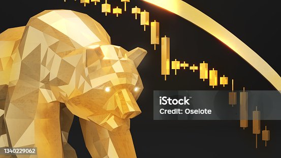 istock Golden bear and bearish chart,Profitability in a Bear Market,Investment and business world. 1340229062