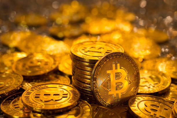 Golden bitcoins stock photo