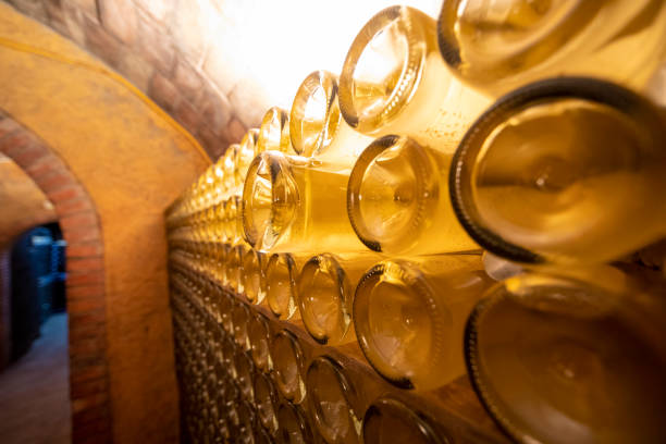 Golden cava bottles in the cellar - Catalonian traditional wine production stock photo