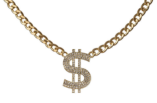 Golden chain with diamond dollar symbol Golden chain with diamond dollar symbol isolated on white background necklace stock pictures, royalty-free photos & images
