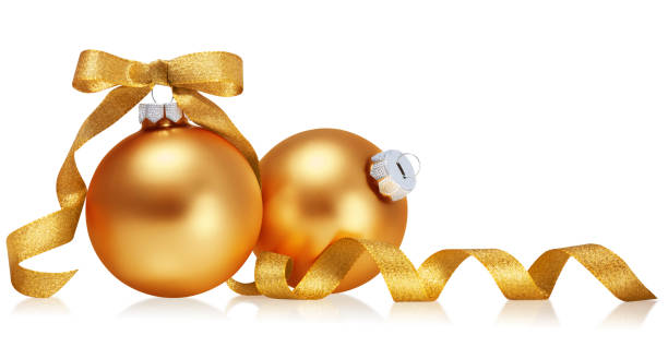 Golden christmas balls with ribbon isolated over white background. Holiday decoration, Christmas ornament. Gold Ornament stock pictures, royalty-free photos & images
