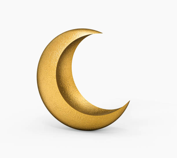 Golden crescent moon. Element isolated on white background, Eid Ramadan sign 3d illustration stock photo