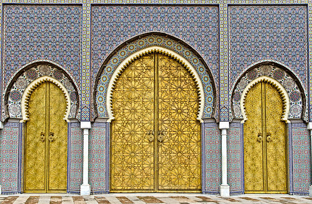 Golden doors of Fez Royal Palace "the three big golden doors of the royal palace of Fez, morocco" fez morocco stock pictures, royalty-free photos & images