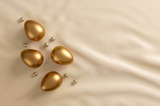 golden easter eggs and golden ball on white fabric background.  flat lay. top view. happy easter day concept. 3D illustration golden easter eggs and golden ball on white fabric background.  flat lay. top view. happy easter day concept. 3D illustration easter sunday stock pictures, royalty-free photos & images