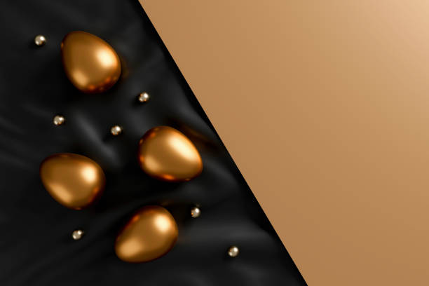 golden easter eggs, golden ball and empty paper on balck fabric background.  flat lay. top view. happy easter day concept. space for text. 3D illustration golden easter eggs, golden ball and empty paper on balck fabric background.  flat lay. top view. happy easter day concept. space for text. 3D illustration easter sunday stock pictures, royalty-free photos & images
