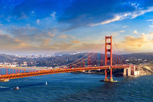 Panoramic view of Golden Gate Bridge at sunset in San Francisco, California, USA