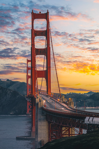 The world famous Golden Gate bridge during sunrise in San Francisco, California, USA