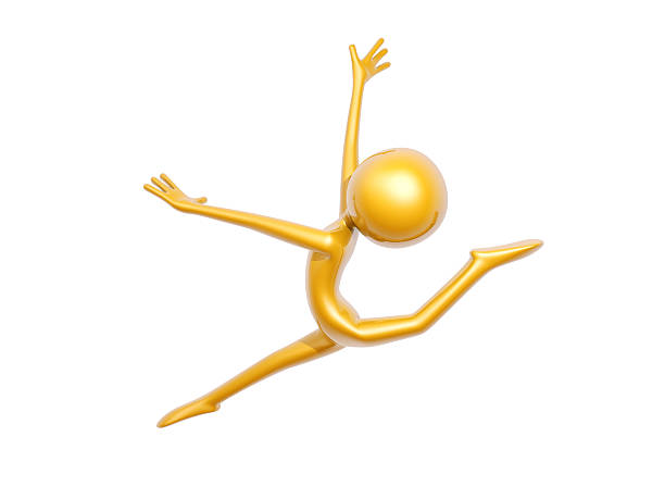golden guy doing gymnastics jump isolated on white background stock photo