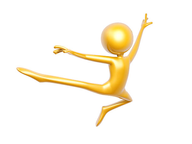 golden guy doing gymnastics jump isolated on white background stock photo