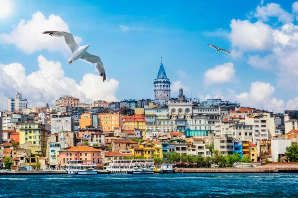 golden horn against galata tower, istanbul, turkije - karaköy istanbul stockfoto's en -beelden