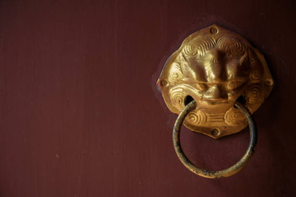 golden lion door knocker - golden lion imagens e fotografias de stock