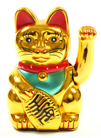 Golden Maneki Neko Lucky Cat Holding Up His Right Paw Golden Maneki Neko Lucky Cat Holding Up His Right Paw