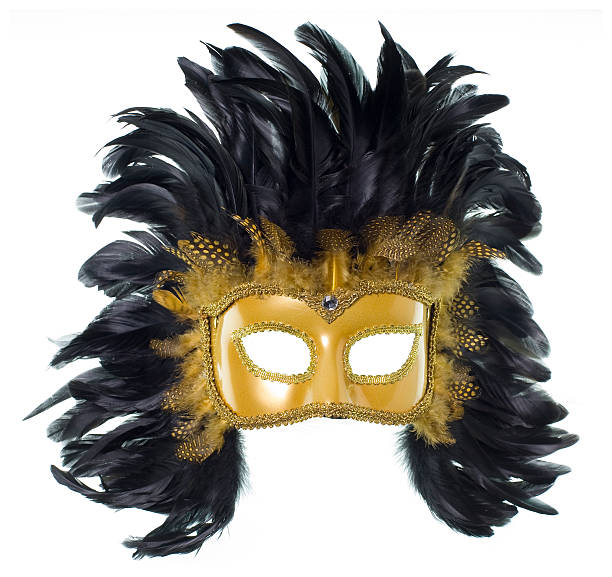 Golden Mardi Gras feather mask isolated on white stock photo
