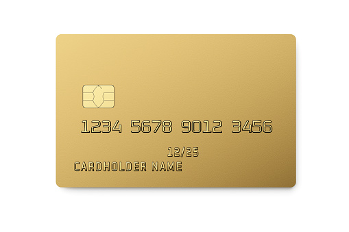 Golden plastic card with chip isolated on white background. Payment or credit card. 3D rendering template mockup.