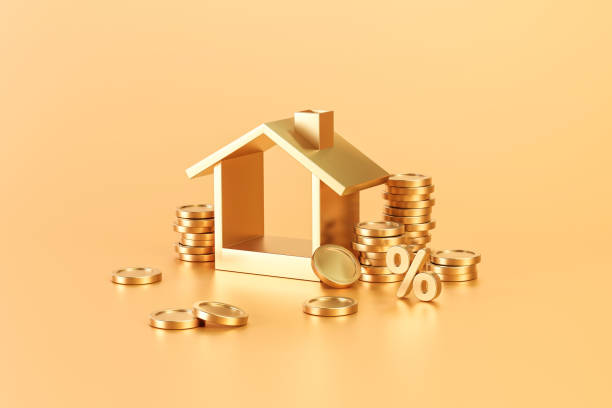 Golden real estate or home property investment on golden background with residential finance economy. 3D rendering. stock photo