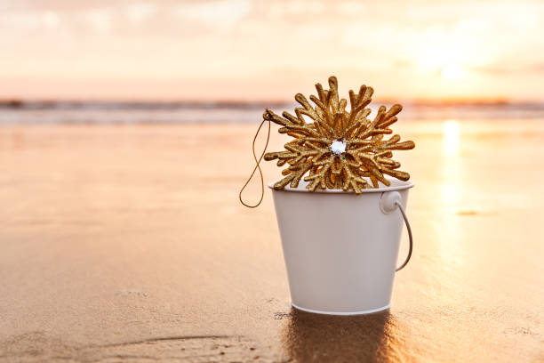 Golden Snowflake Collected in a White Bucket at Sunset on the background of Beach and Sea in California stock photo