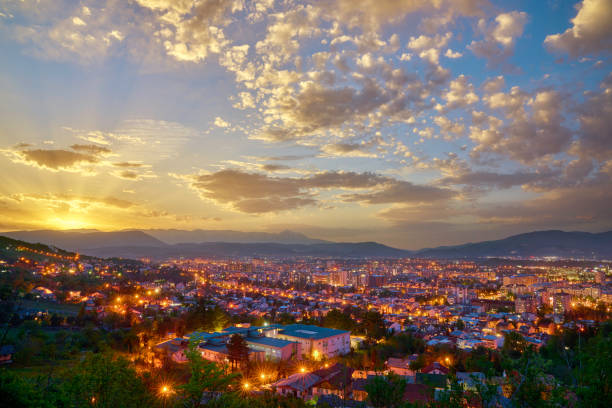 Golden sunset over Skopje, Macedonia stock photo