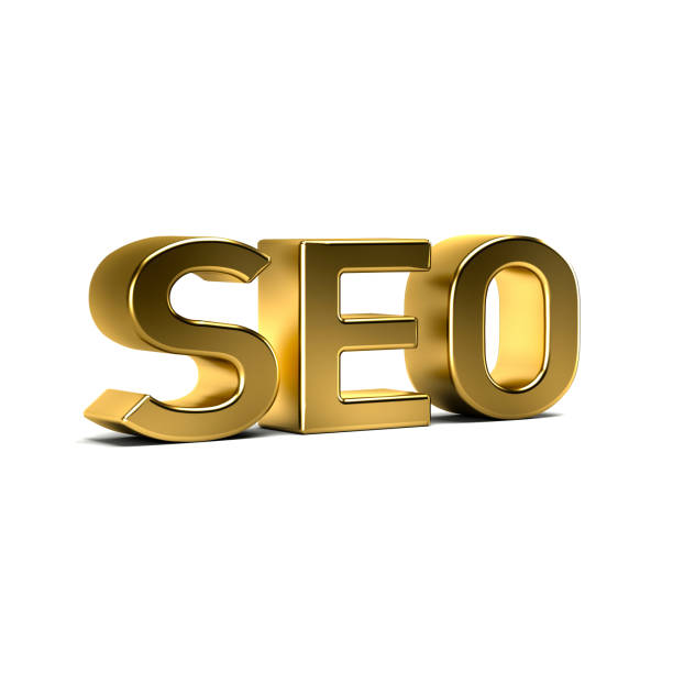 SEO Golden Word Sign. 3D Render Illustrationl  search engine optimisation stock pictures, royalty-free photos & images