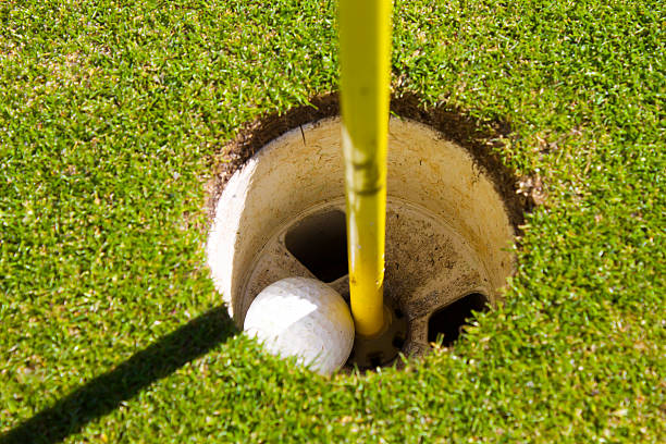 Golf Ball Inside Cup on Putting Green Close Up stock photo