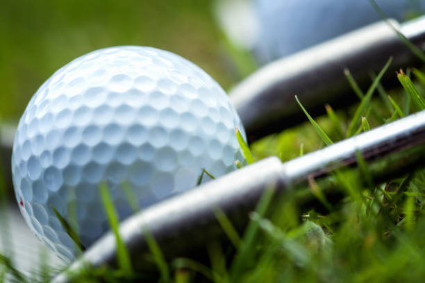 Golf clubs with golf ball on grass stock photo