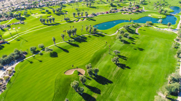 Golf Course Drone Aerial Top Down View of a Golf Course palm springs california stock pictures, royalty-free photos & images