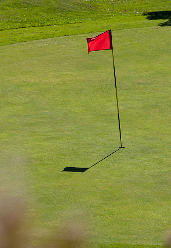 Red golf flag on green.