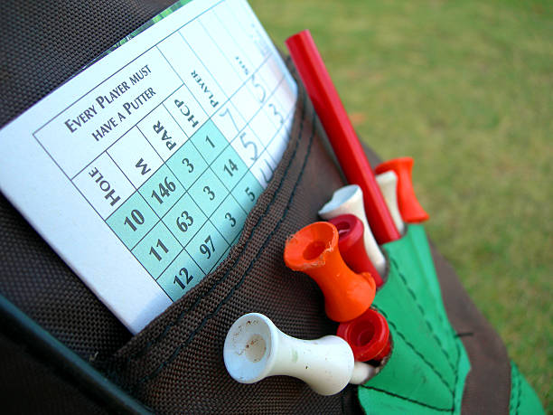 Golf tees,bag and score stock photo