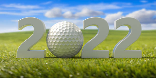 Golfing 2022. New year, green grass field, blue sky background. 3d illustration stock photo