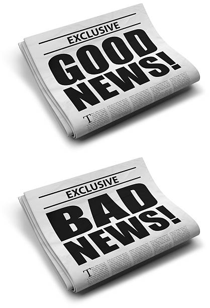 Good and bad news Folded newspapers front page, isolated on white background good news stock pictures, royalty-free photos & images