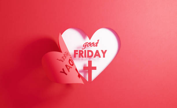 good friday concept- good friday written inside of a red folding heart shape on white background - good friday photos et images de collection