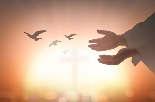 Jesus Christ open empty hands with birds flying on blurred cross background