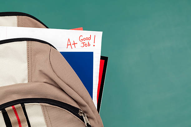 Good Job: A+ on Homework or Test Paper in Backpack Close-up of a paper with the test results or grade of A+ sticking out of a backpack in front of a green chalkboard. students exam results stock pictures, royalty-free photos & images