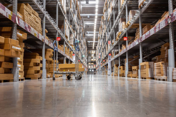Goods shelves of warehouse handling management, Products storehouse interior and distributor shopping mall., Business cunsumer service stock photo