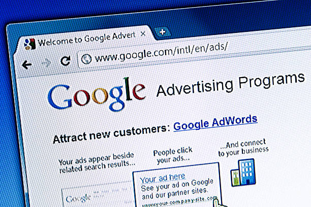 Google Advertising Programs, Closeup on LCD Screen Florence, Italy - July 17, 2011: Close up of an LCD screen showing the main page of the Google Advertising Programs, a Google Inc. service that allows to buy advertising through its AdWords and AdSense programs. Google Chrome web browser. Google adsense stock pictures, royalty-free photos & images