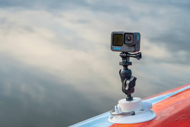 GoPro Hero 10 action camera mounted  on a paddleboard or kayak stock photo