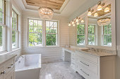 istock Gorgeous master bathroom with wood tray ceiling 1314417030