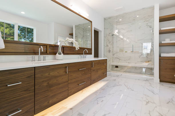 Gorgeous mid-century modern look to this new bathroom New home with amazing shower with long bench bathroom stock pictures, royalty-free photos & images