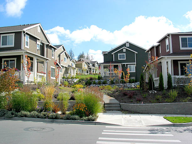 Gorgeous, well-landscaped neighborhood street Brand new homes with beautiful landscaping. king county washington state stock pictures, royalty-free photos & images