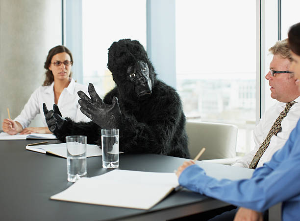 Gorilla and businesspeople having meeting in conference room  costume photos stock pictures, royalty-free photos & images