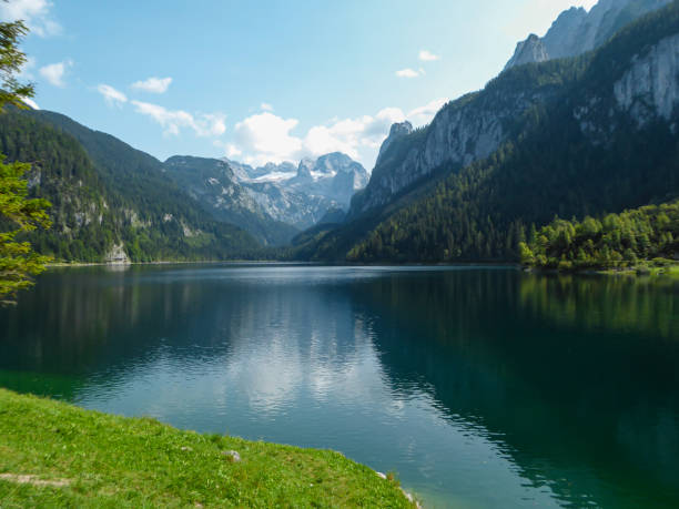 Gosau - Panoramic view on Gosau lake, with Dachstein glacier in the back in Austrian Alps. The lake is surrounded by high mountains Panoramic view on Gosau lake, with Dachstein glacier in the back in Austrian Alps. The lake is surrounded by high mountains, overgrown with tall trees. Sun reflects on the surface. Serenity  and calm dachstein mountains stock pictures, royalty-free photos & images