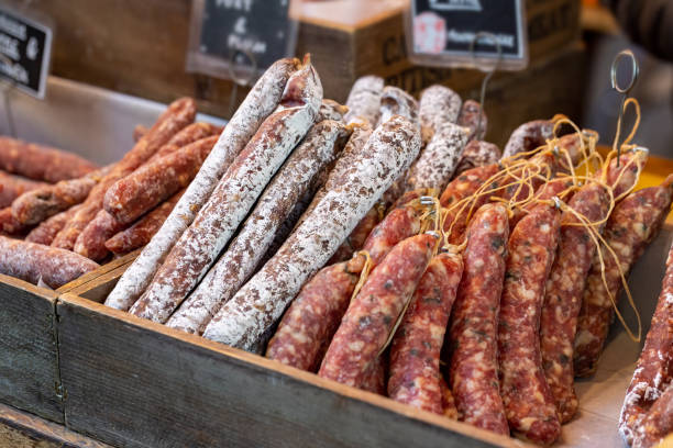 Gourmet chorizo sausages on display on a market stall stock photo